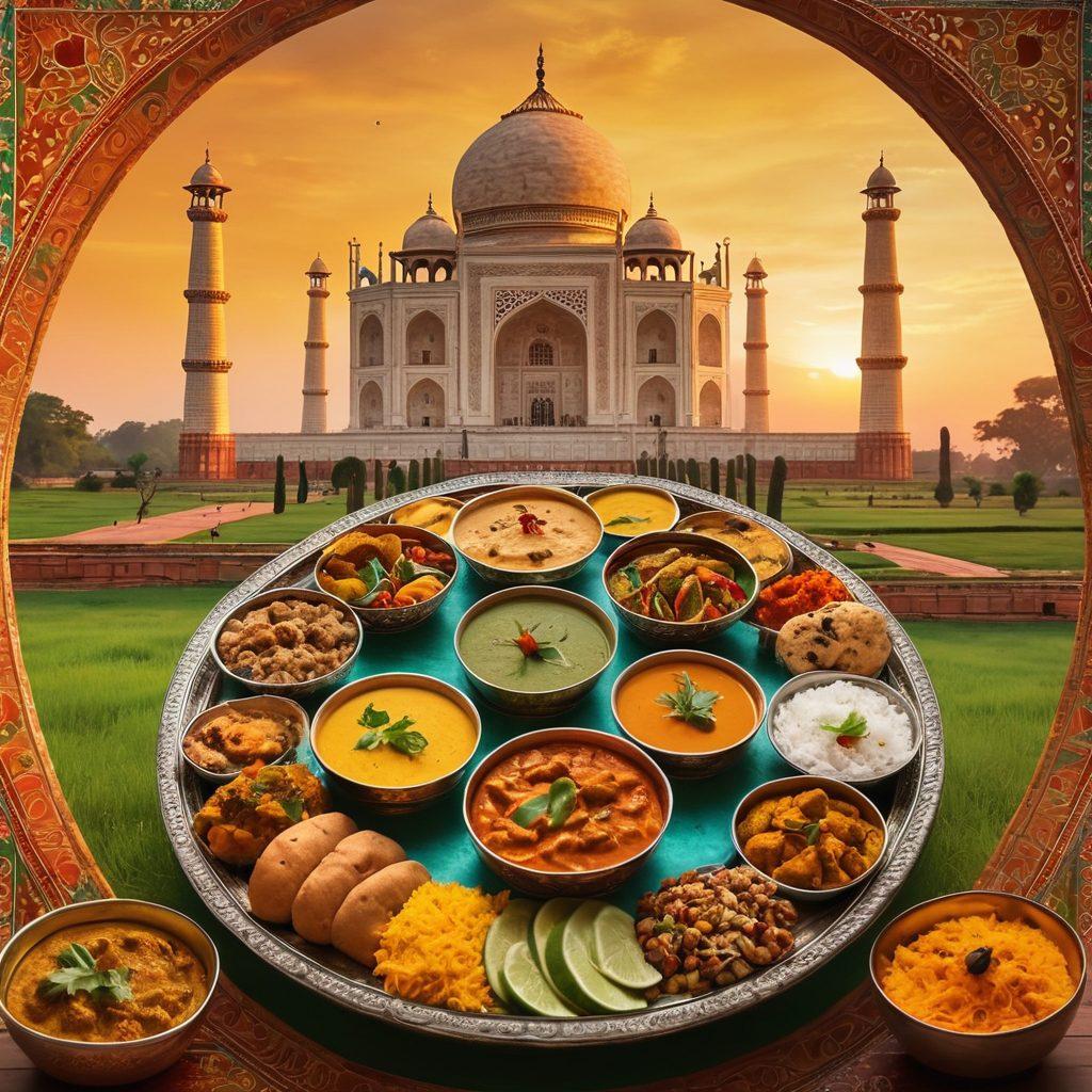 A vibrant collage of Indian culture showcasing a traditional thali filled with colorful dishes, a scenic view of the Taj Mahal at sunset, and a serene yoga session in a lush green landscape. Incorporate intricate Indian patterns in the background, symbolizing diversity and unity. Use warm, rich colors to evoke a sense of tradition and harmony. super-realistic. vibrant colors.