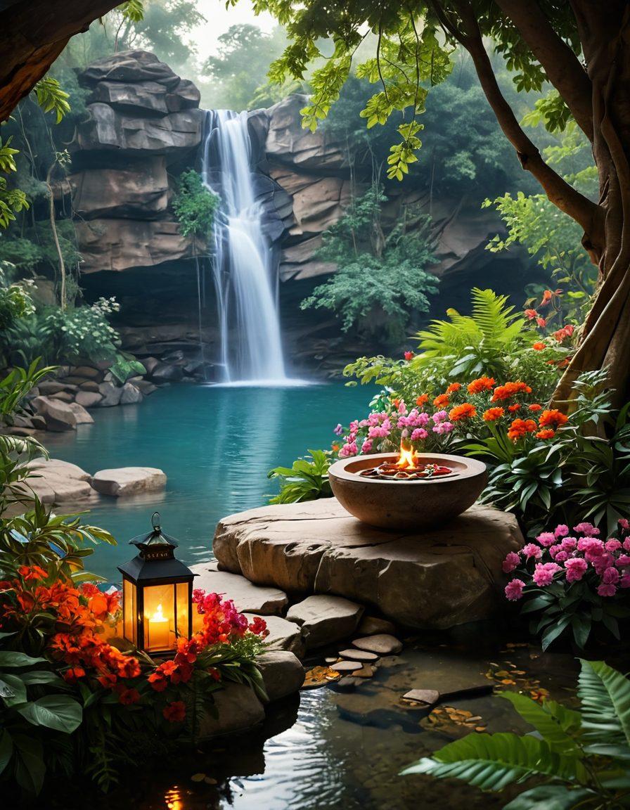 A tranquil Indian landscape showcasing a serene hidden gem, like a secluded waterfall surrounded by lush greenery and vibrant flowers. Incorporate a person practicing yoga on a smooth stone near the water, embodying the essence of wellness. Add elements of Indian culture, such as traditional lanterns and spices artfully placed around. The scene should evoke a sense of peace and balance, with soft, warm lighting illuminating the beauty. dreamy. vibrant colors. 3D.